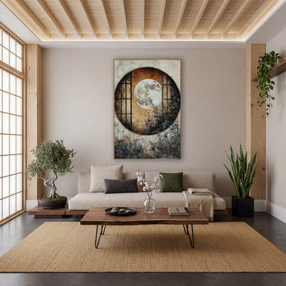 Full Moon Round Window Japandi wall art in a calm Japandi-style room – full moon framed by a round window with dark
