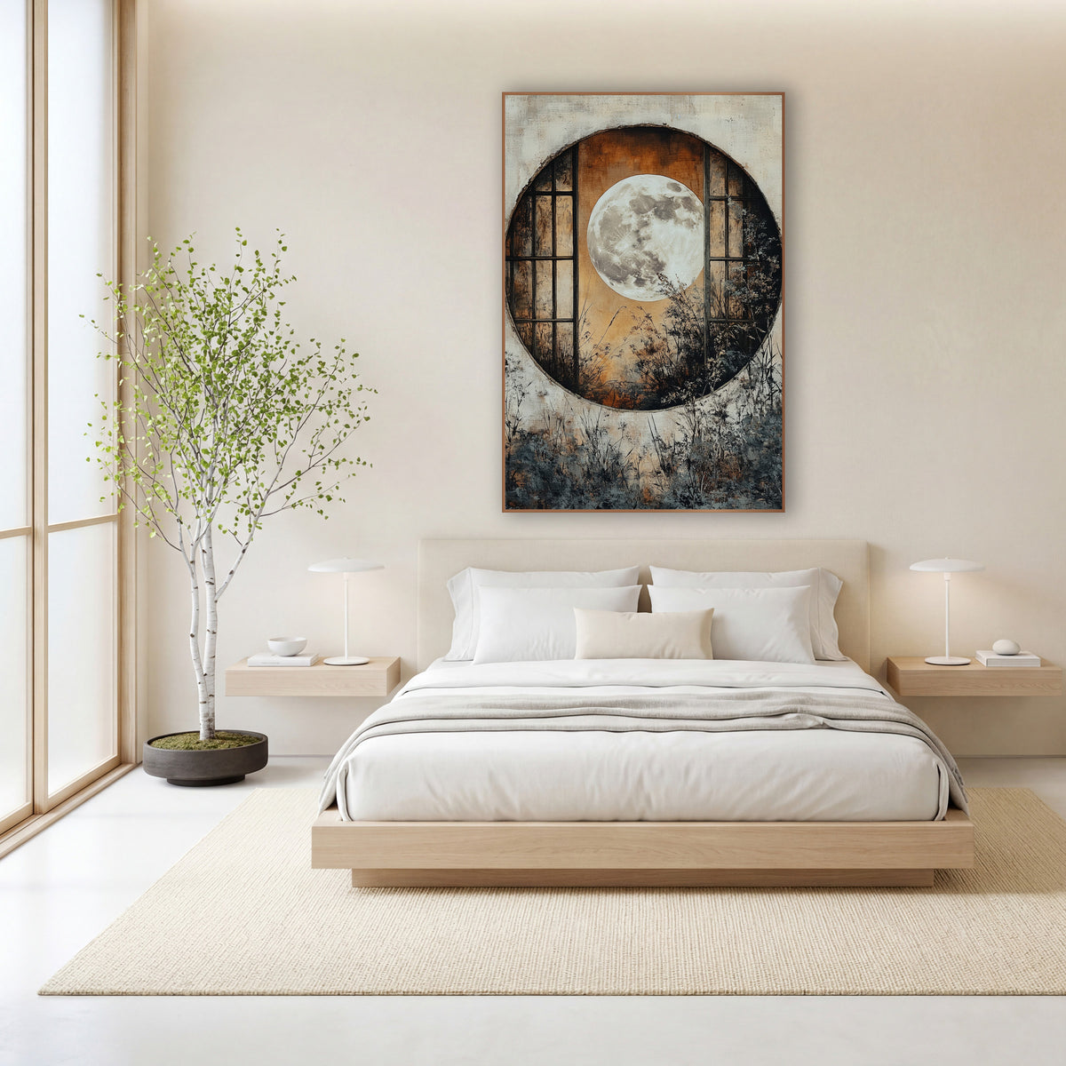 Full Moon Round Window Japandi wall art in a calm Japandi-style room – full moon framed by a round window with dark