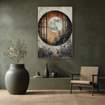Full Moon Round Window Japandi wall art in a calm Japandi-style room – full moon framed by a round window with dark