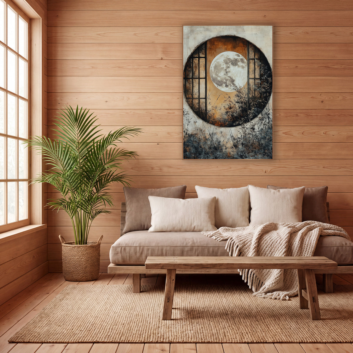 Full Moon Round Window Japandi wall art in a calm Japandi-style room – full moon framed by a round window with dark