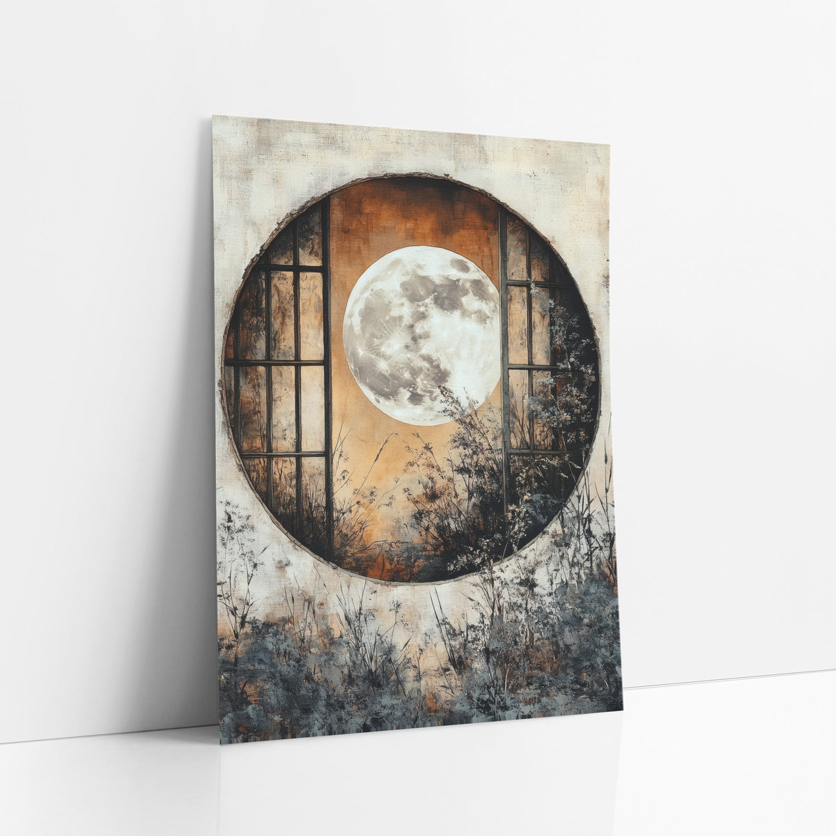 Full Moon Round Window Japandi art print leaning against a white wall – full moon framed by a round window with dark lattice