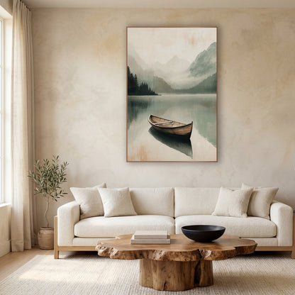 Lone Boat Misty Mountain Lake wall art in a calm Japandi-style room – lone wooden boat on a still misty mountain lake