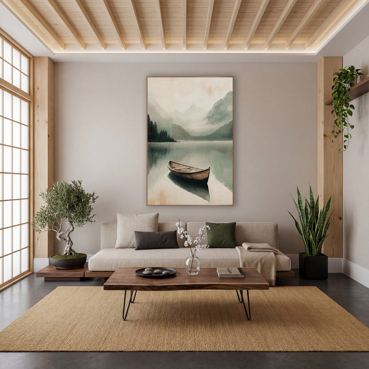 Lone Boat Misty Mountain Lake wall art in a calm Japandi-style room – lone wooden boat on a still misty mountain lake