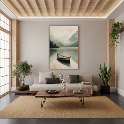 Lone Boat Misty Mountain Lake wall art in a calm Japandi-style room – lone wooden boat on a still misty mountain lake