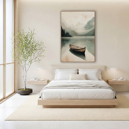 Lone Boat Misty Mountain Lake wall art in a calm Japandi-style room – lone wooden boat on a still misty mountain lake
