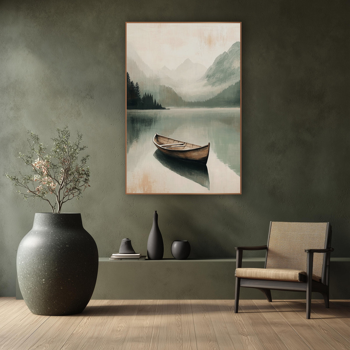 Lone Boat Misty Mountain Lake wall art in a calm Japandi-style room – lone wooden boat on a still misty mountain lake