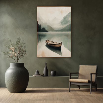 Lone Boat Misty Mountain Lake wall art in a calm Japandi-style room – lone wooden boat on a still misty mountain lake