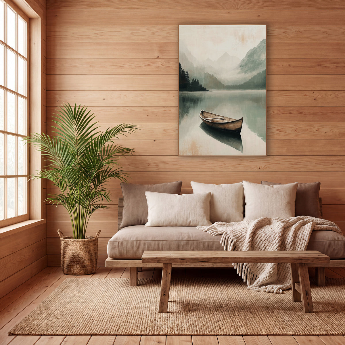 Lone Boat Misty Mountain Lake wall art in a calm Japandi-style room – lone wooden boat on a still misty mountain lake