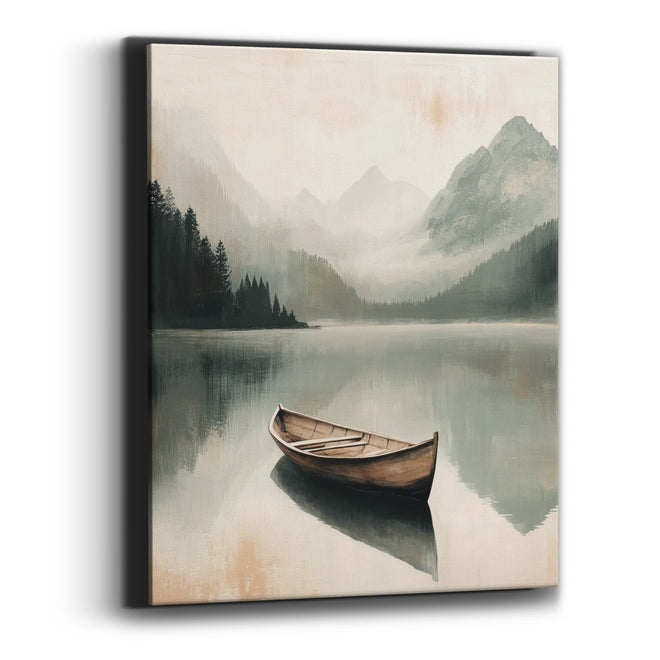 Lone Boat Misty Mountain Lake Canvas Wall Art