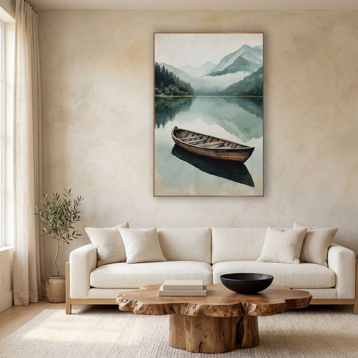 Misty Mountain Lake Wooden Boat wall art in a calm Japandi-style room – lone wooden boat on a still mountain lake