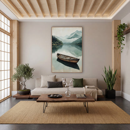Misty Mountain Lake Wooden Boat wall art in a calm Japandi-style room – lone wooden boat on a still mountain lake