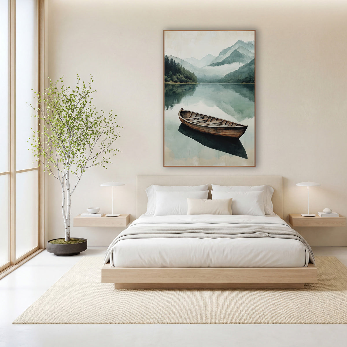 Misty Mountain Lake Wooden Boat wall art in a calm Japandi-style room – lone wooden boat on a still mountain lake