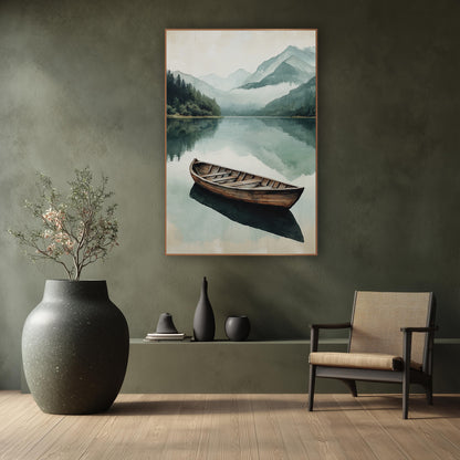 Misty Mountain Lake Wooden Boat wall art in a calm Japandi-style room – lone wooden boat on a still mountain lake