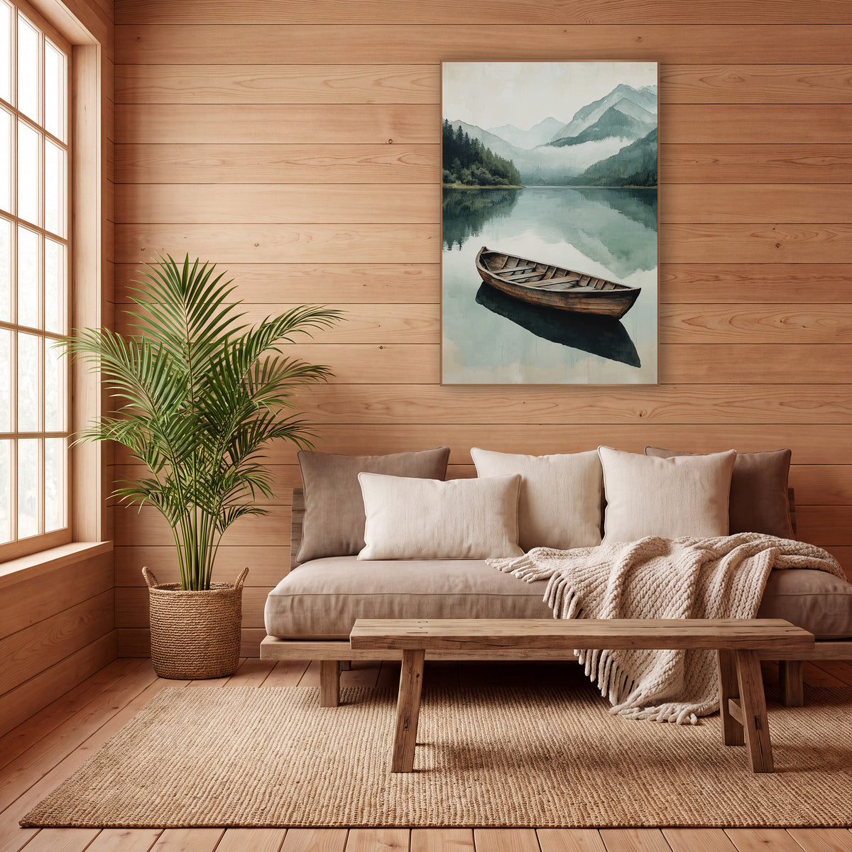 Misty Mountain Lake Wooden Boat wall art in a calm Japandi-style room – lone wooden boat on a still mountain lake