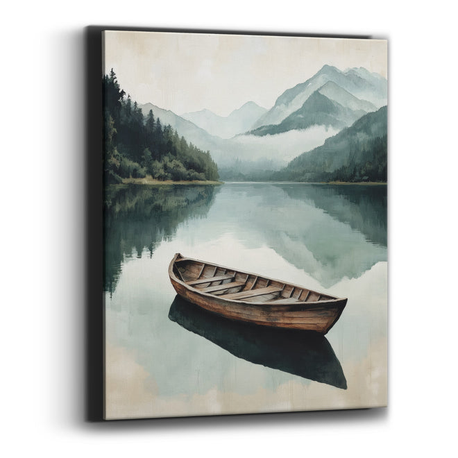 Misty Mountain Lake Wooden Boat Canvas Wall Art