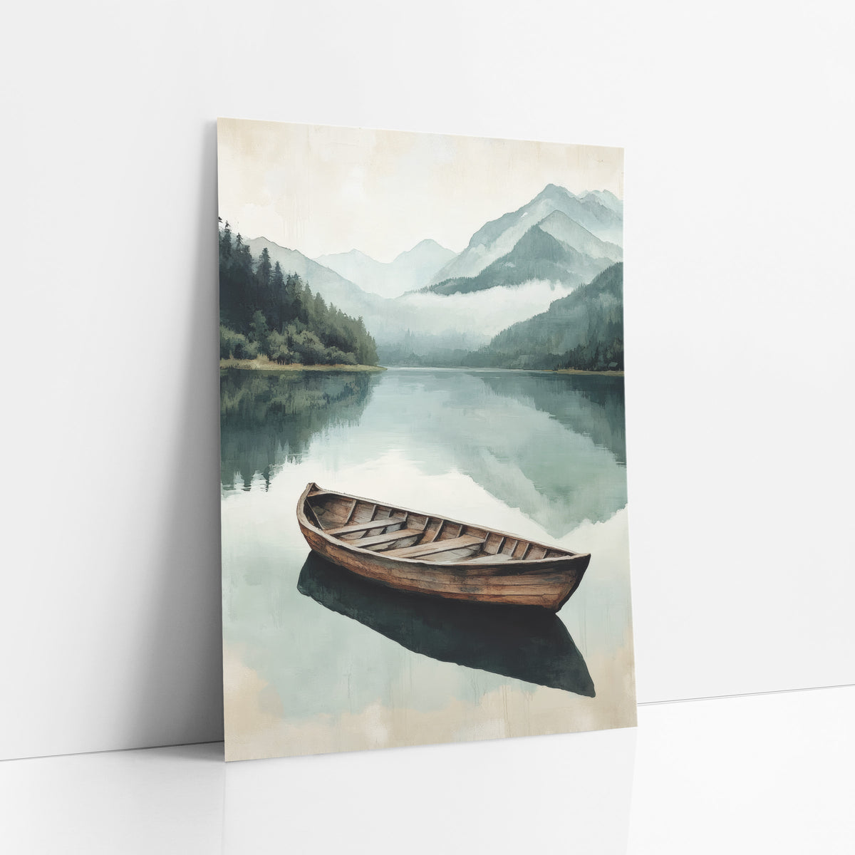 Misty Mountain Lake Wooden Boat art print leaning against a white wall – lone wooden boat on a still mountain lake with misty