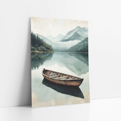 Misty Mountain Lake Wooden Boat art print leaning against a white wall – lone wooden boat on a still mountain lake with misty