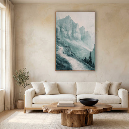 Misty Teal Mountain Path Landscape wall art in a calm Japandi-style room – misty teal mountain landscape with tall