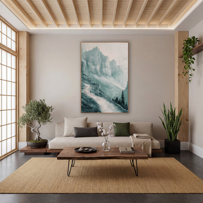 Misty Teal Mountain Path Landscape wall art in a calm Japandi-style room – misty teal mountain landscape with tall