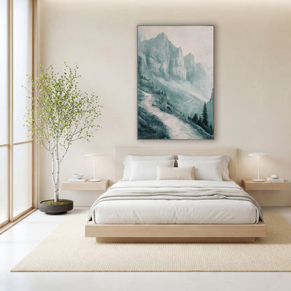 Misty Teal Mountain Path Landscape wall art in a calm Japandi-style room – misty teal mountain landscape with tall