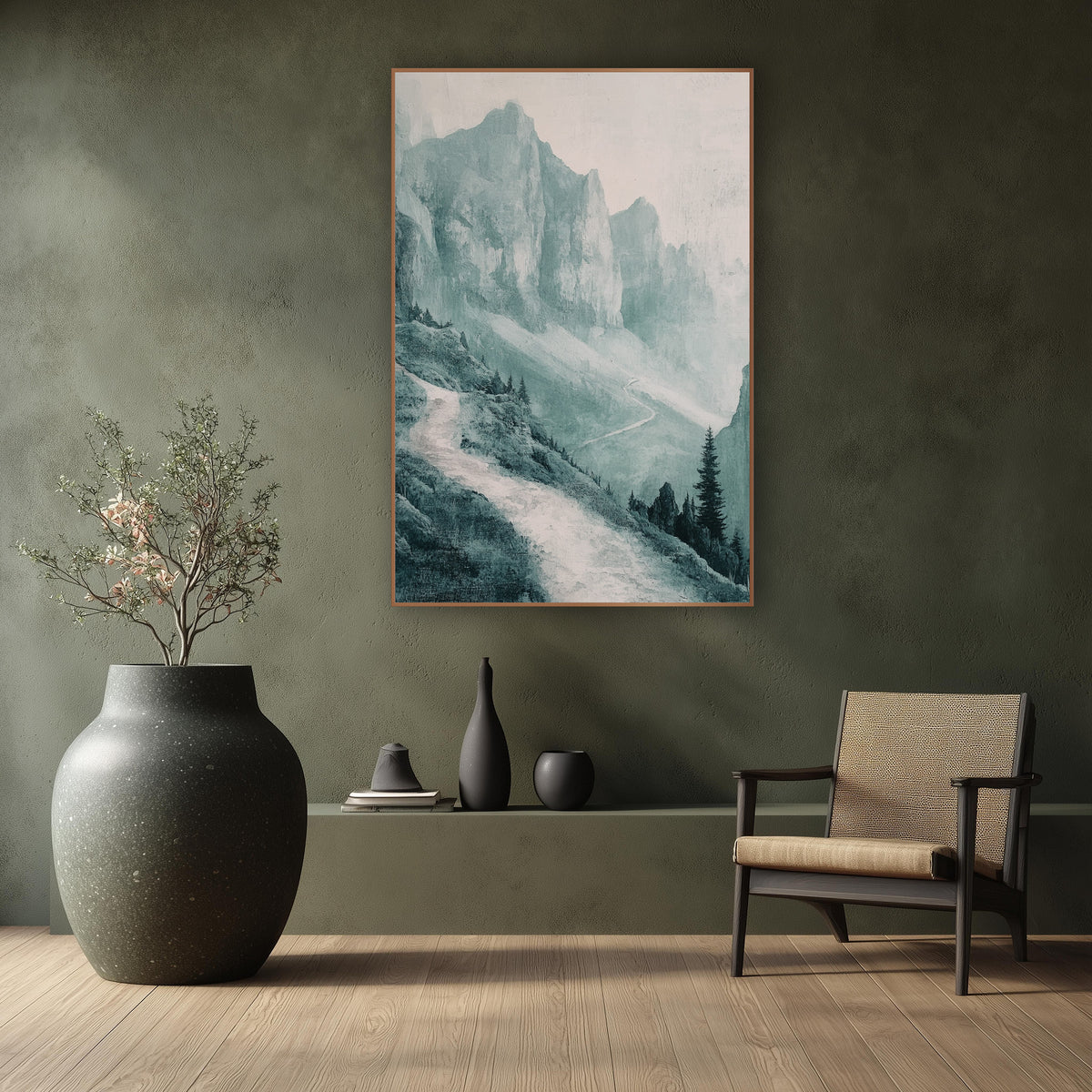 Misty Teal Mountain Path Landscape wall art in a calm Japandi-style room – misty teal mountain landscape with tall