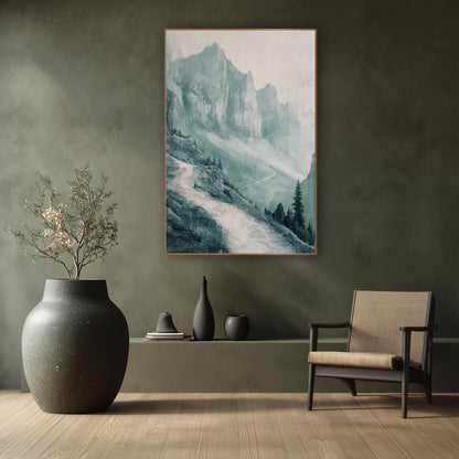 Misty Teal Mountain Path Landscape wall art in a calm Japandi-style room – misty teal mountain landscape with tall