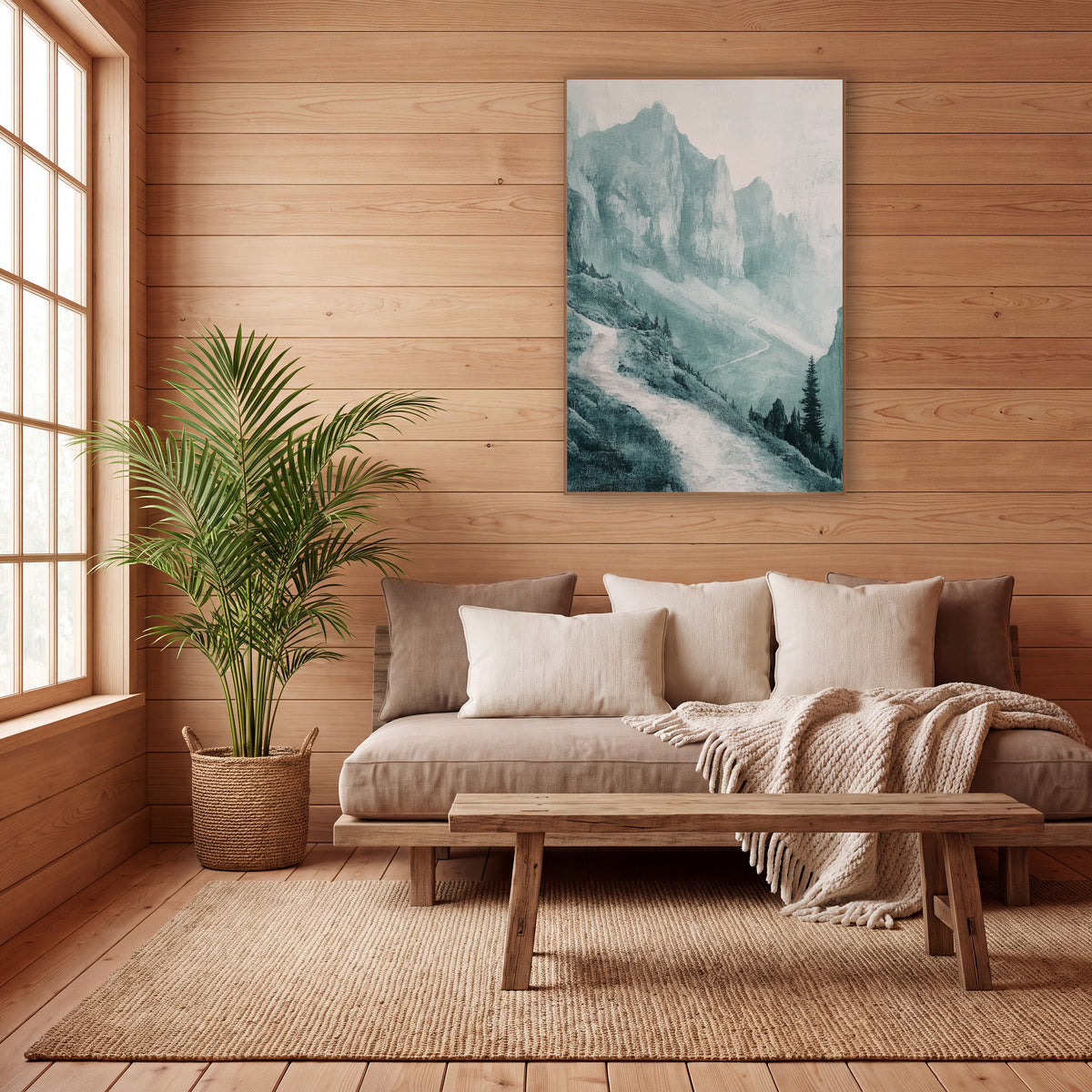 Misty Teal Mountain Path Landscape wall art in a calm Japandi-style room – misty teal mountain landscape with tall