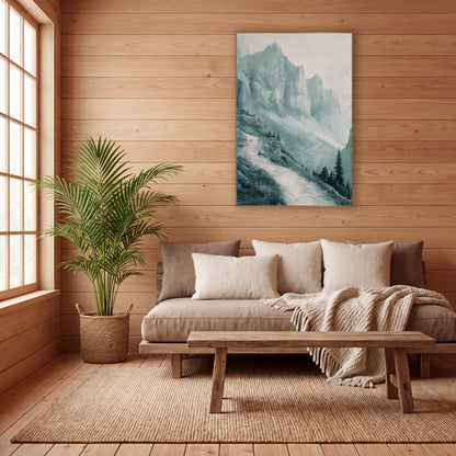 Misty Teal Mountain Path Landscape wall art in a calm Japandi-style room – misty teal mountain landscape with tall