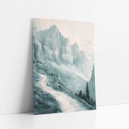 Misty Teal Mountain Path Landscape art print leaning against a white wall – misty teal mountain landscape with tall rock
