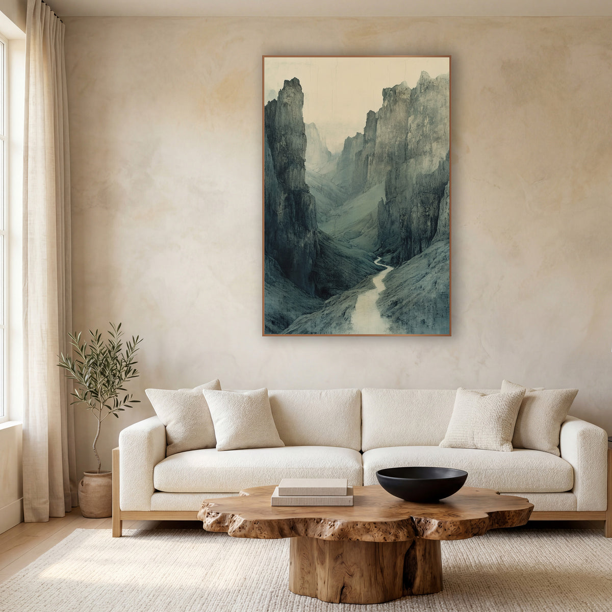 Misty Gorge Pass Landscape wall art in a calm Japandi-style room – narrow pale path winding through a misty mountain