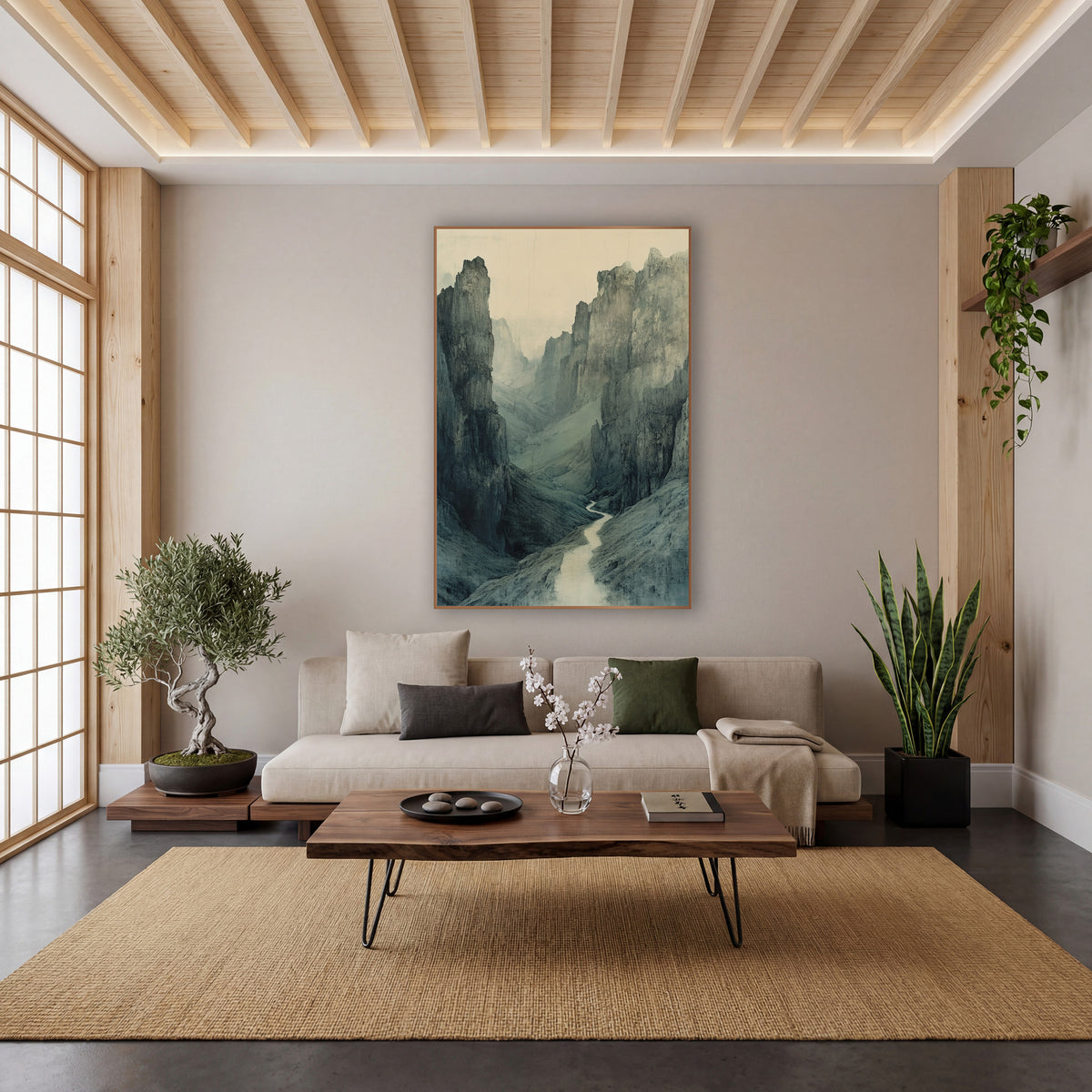 Misty Gorge Pass Landscape wall art in a calm Japandi-style room – narrow pale path winding through a misty mountain
