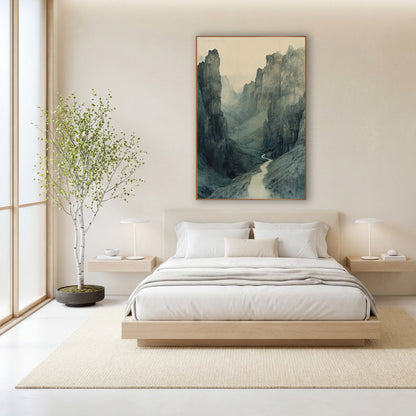 Misty Gorge Pass Landscape wall art in a calm Japandi-style room – narrow pale path winding through a misty mountain