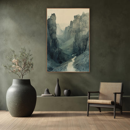 Misty Gorge Pass Landscape wall art in a calm Japandi-style room – narrow pale path winding through a misty mountain