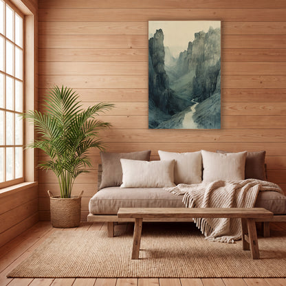 Misty Gorge Pass Landscape wall art in a calm Japandi-style room – narrow pale path winding through a misty mountain