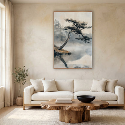 Leaning Pine Misty Lake Japandi wall art in a calm Japandi-style room – leaning pine tree on a rocky bank over a still