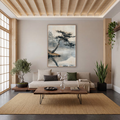 Leaning Pine Misty Lake Japandi wall art in a calm Japandi-style room – leaning pine tree on a rocky bank over a still