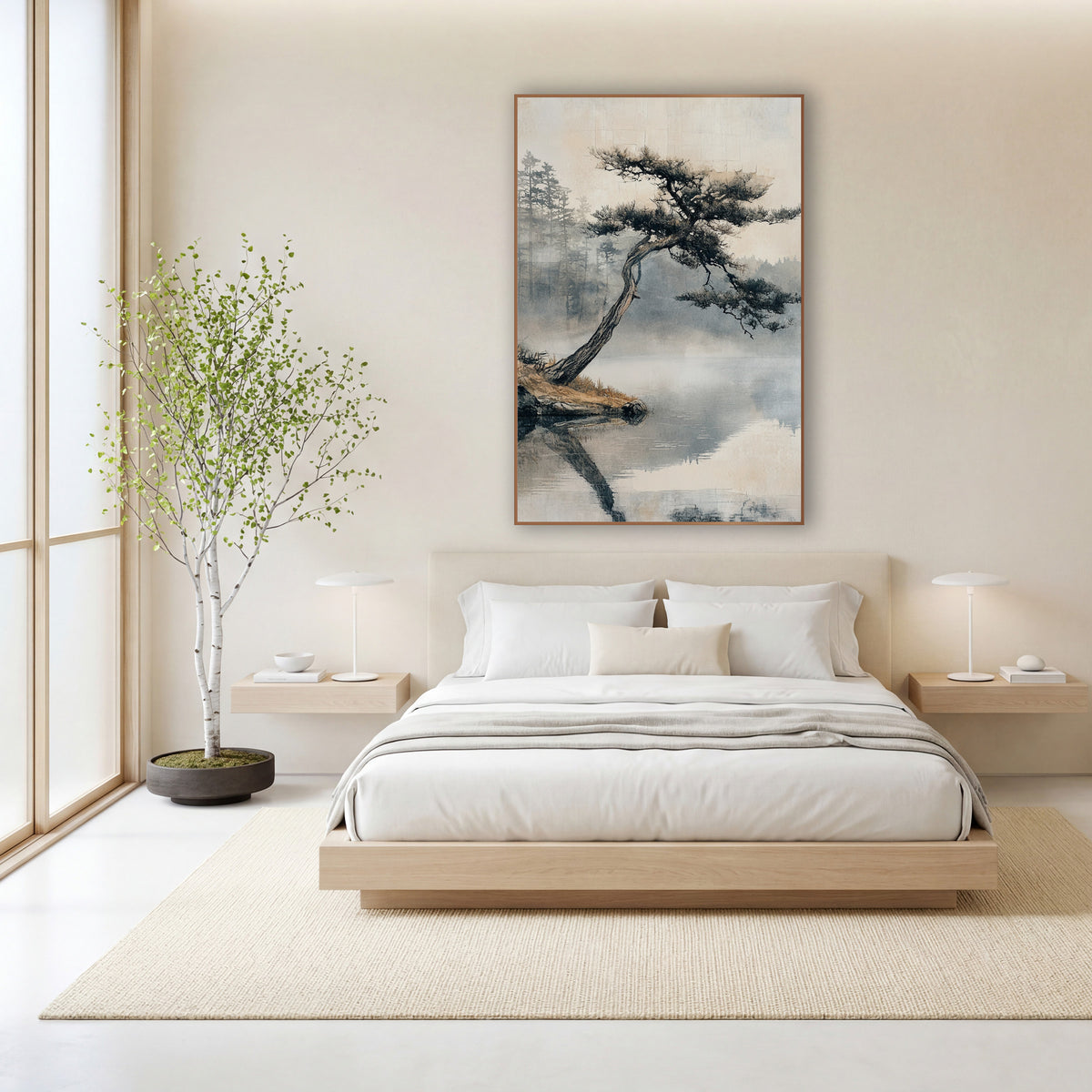 Leaning Pine Misty Lake Japandi wall art in a calm Japandi-style room – leaning pine tree on a rocky bank over a still