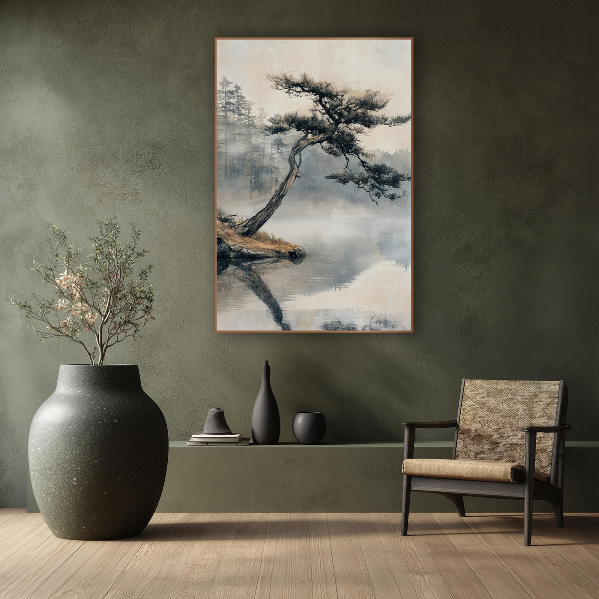 Leaning Pine Misty Lake Japandi wall art in a calm Japandi-style room – leaning pine tree on a rocky bank over a still