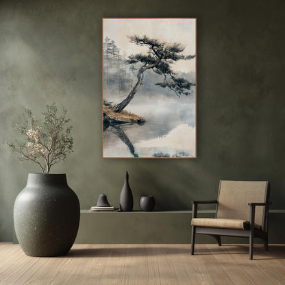 Leaning Pine Misty Lake Japandi wall art in a calm Japandi-style room – leaning pine tree on a rocky bank over a still