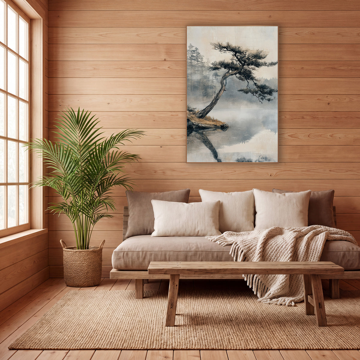 Leaning Pine Misty Lake Japandi wall art in a calm Japandi-style room – leaning pine tree on a rocky bank over a still