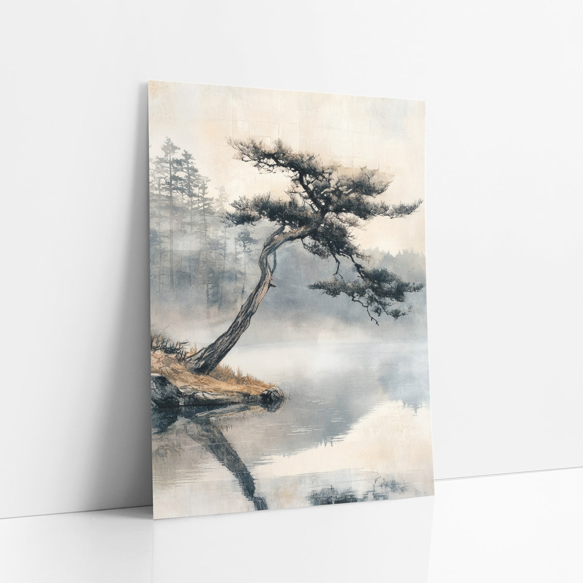 Leaning Pine Misty Lake Japandi art print leaning against a white wall – leaning pine tree on a rocky bank over a still misty