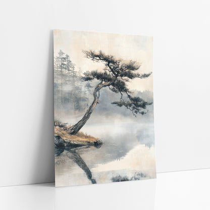Leaning Pine Misty Lake Japandi art print leaning against a white wall – leaning pine tree on a rocky bank over a still misty