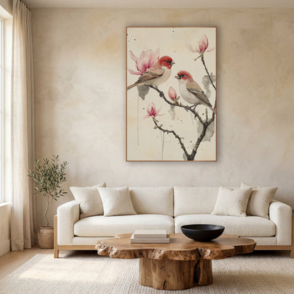 Inkwash Finches Magnolia Drips wall art in a calm Japandi-style room – two red-headed finches perched on a bare branch