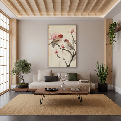 Inkwash Finches Magnolia Drips wall art in a calm Japandi-style room – two red-headed finches perched on a bare branch