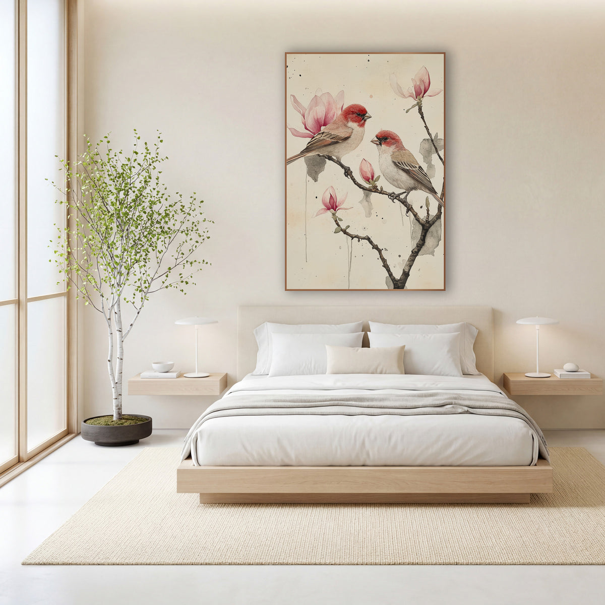 Inkwash Finches Magnolia Drips wall art in a calm Japandi-style room – two red-headed finches perched on a bare branch