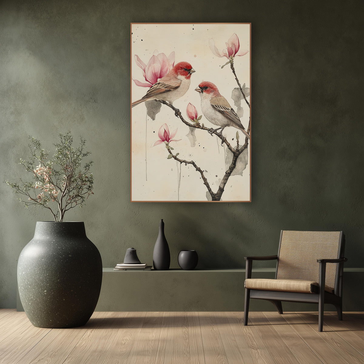 Inkwash Finches Magnolia Drips wall art in a calm Japandi-style room – two red-headed finches perched on a bare branch