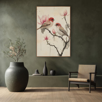 Inkwash Finches Magnolia Drips wall art in a calm Japandi-style room – two red-headed finches perched on a bare branch