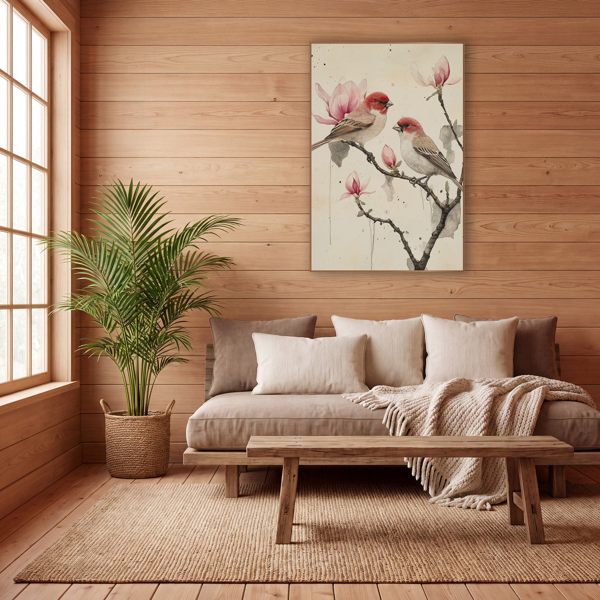 Inkwash Finches Magnolia Drips wall art in a calm Japandi-style room – two red-headed finches perched on a bare branch