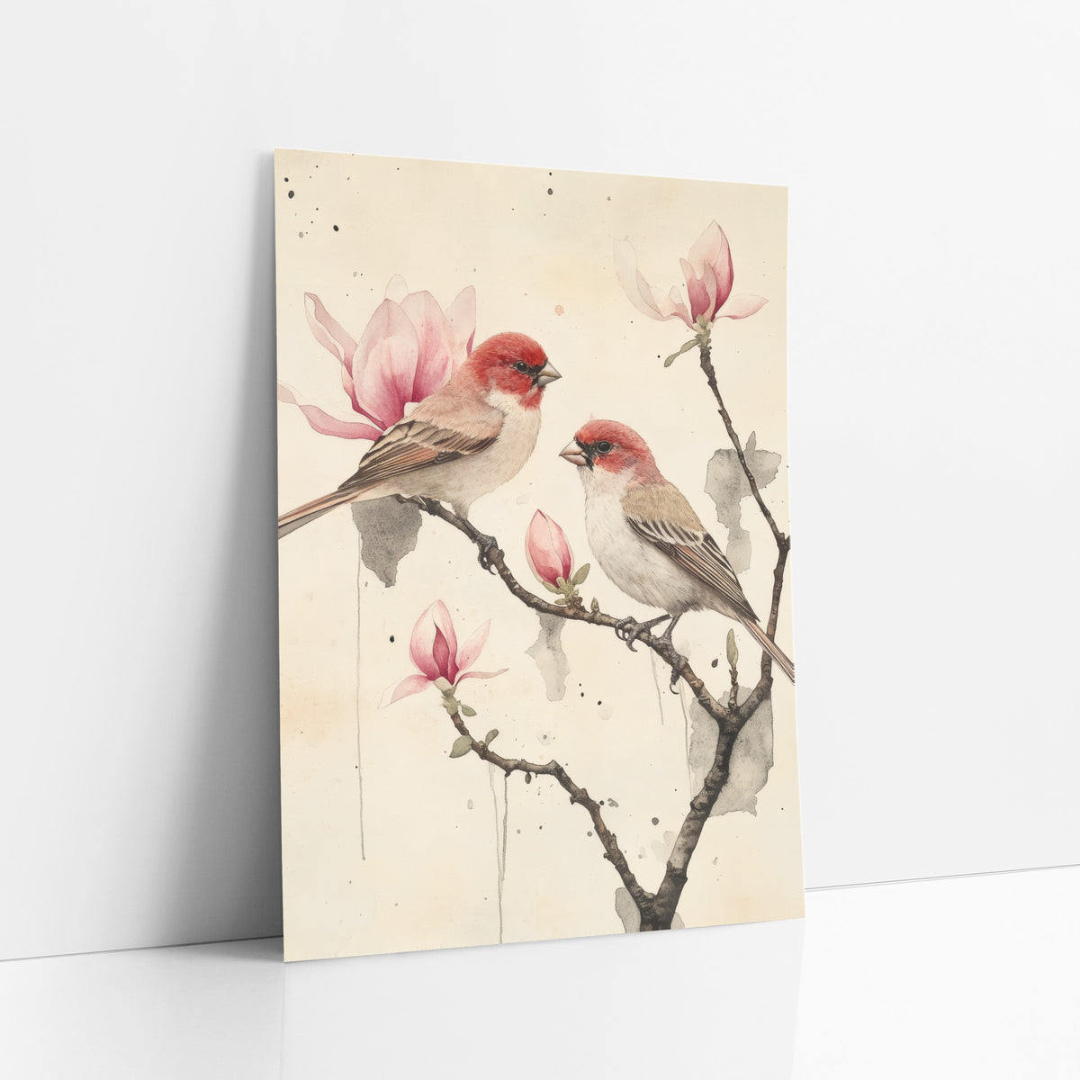 Inkwash Finches Magnolia Drips art print leaning against a white wall – two red-headed finches perched on a bare branch