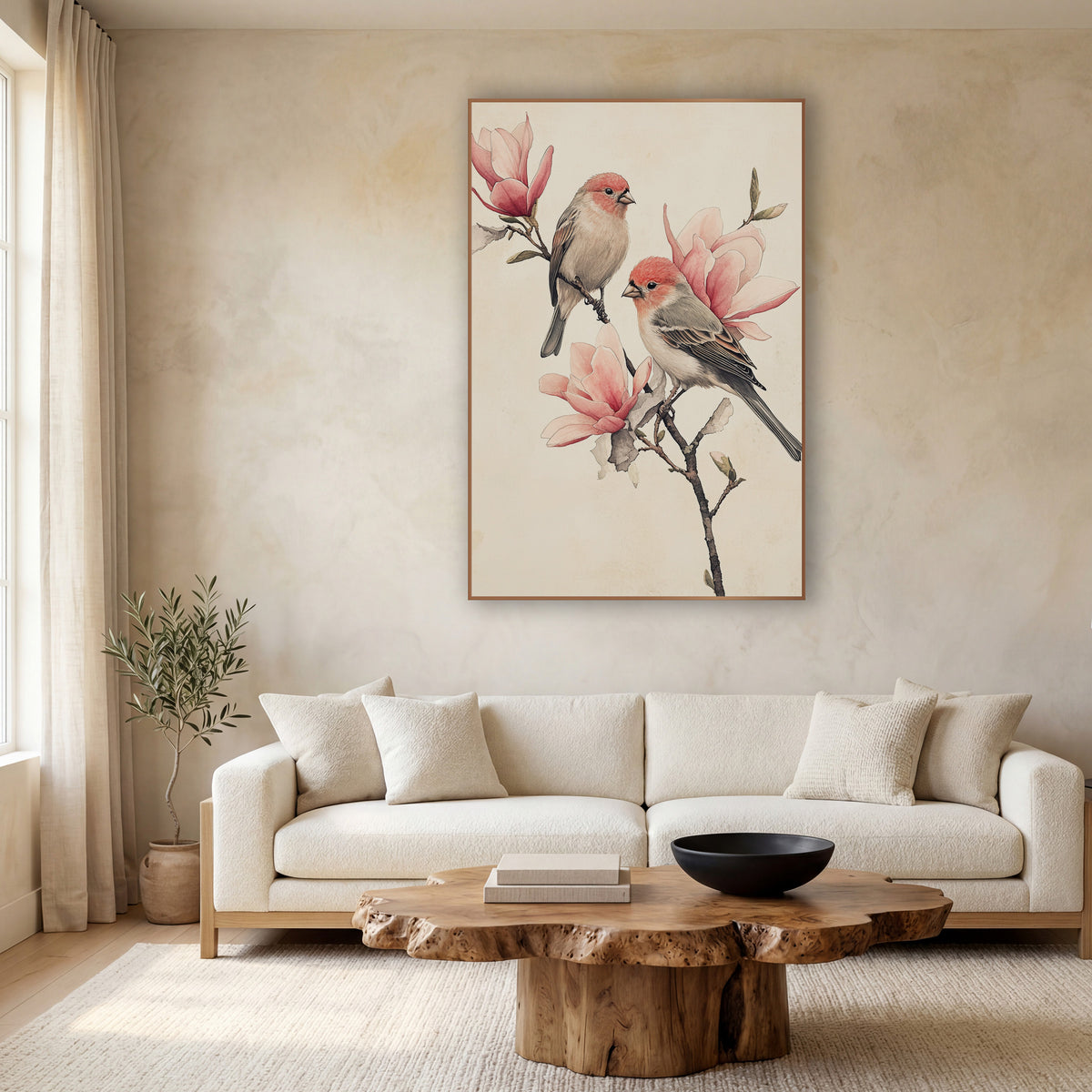 Coral Finches Magnolia Sketch wall art in a calm Japandi-style room – two finches with coral heads perch on a bare
